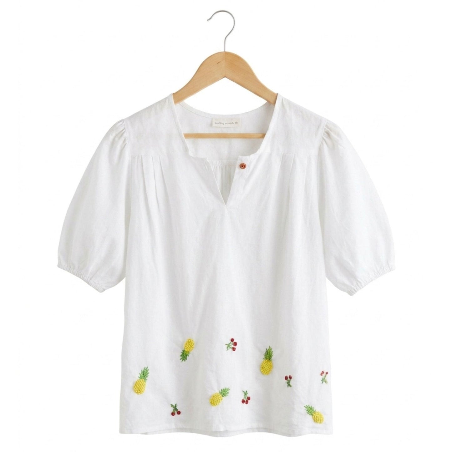 White Cotton Embroidered Top with Pineapple & Cherry Design