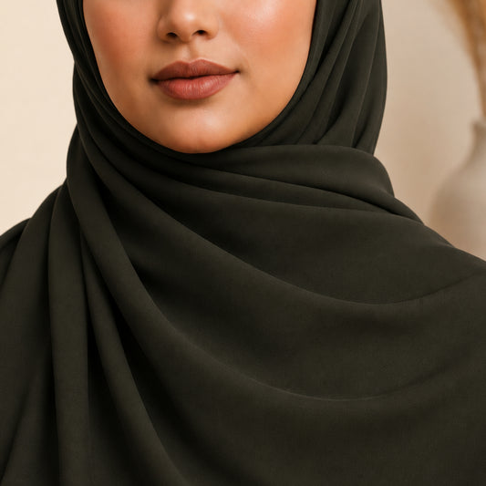Dark Olive Georgette Hijab – Matte Finish, Large 72"x28"