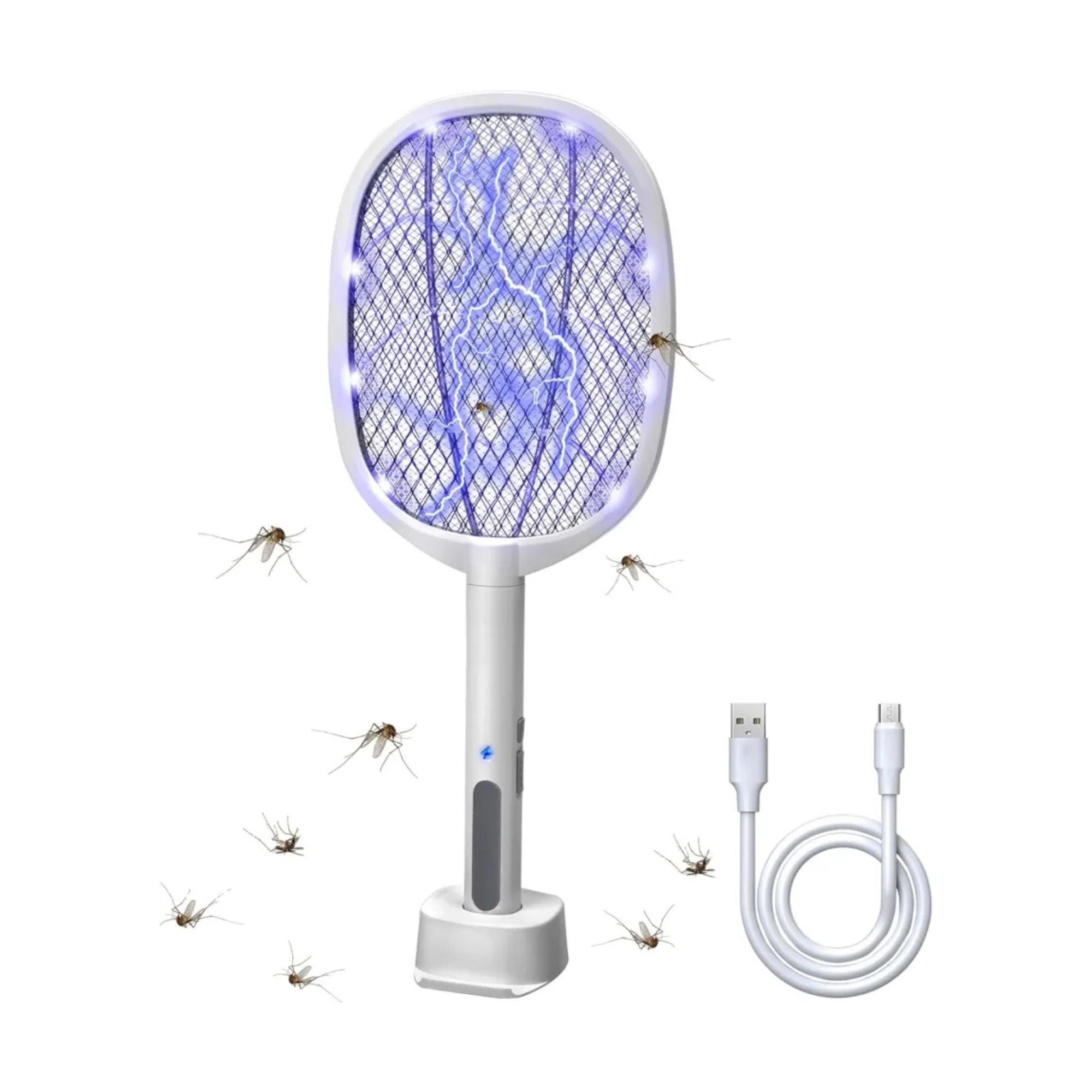 Electric Rechargeable Mosquito Killer Racket 2-in-1 – LED Bug Zapper with Stand.