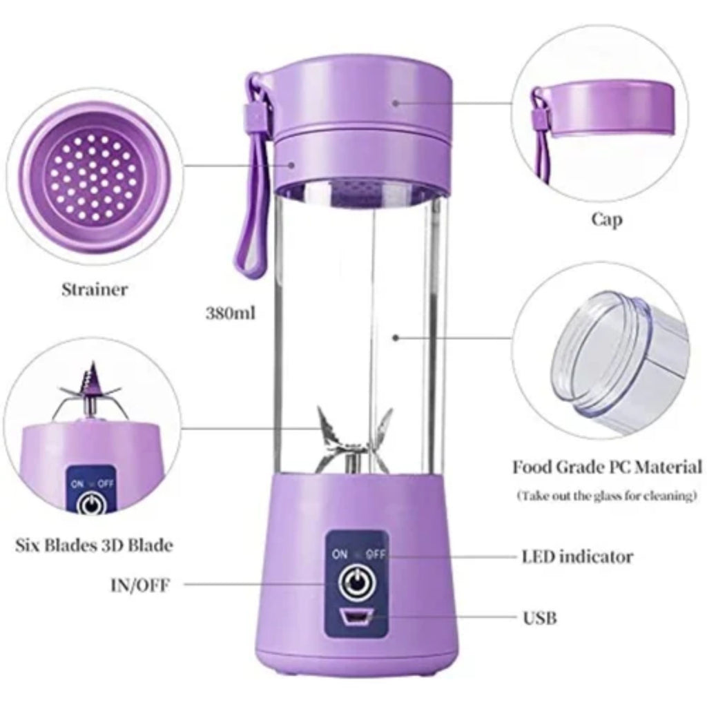 USB Rechargeable Mini Juicer Blender with 6 Blades – 380ml Portable Fruit Mixer