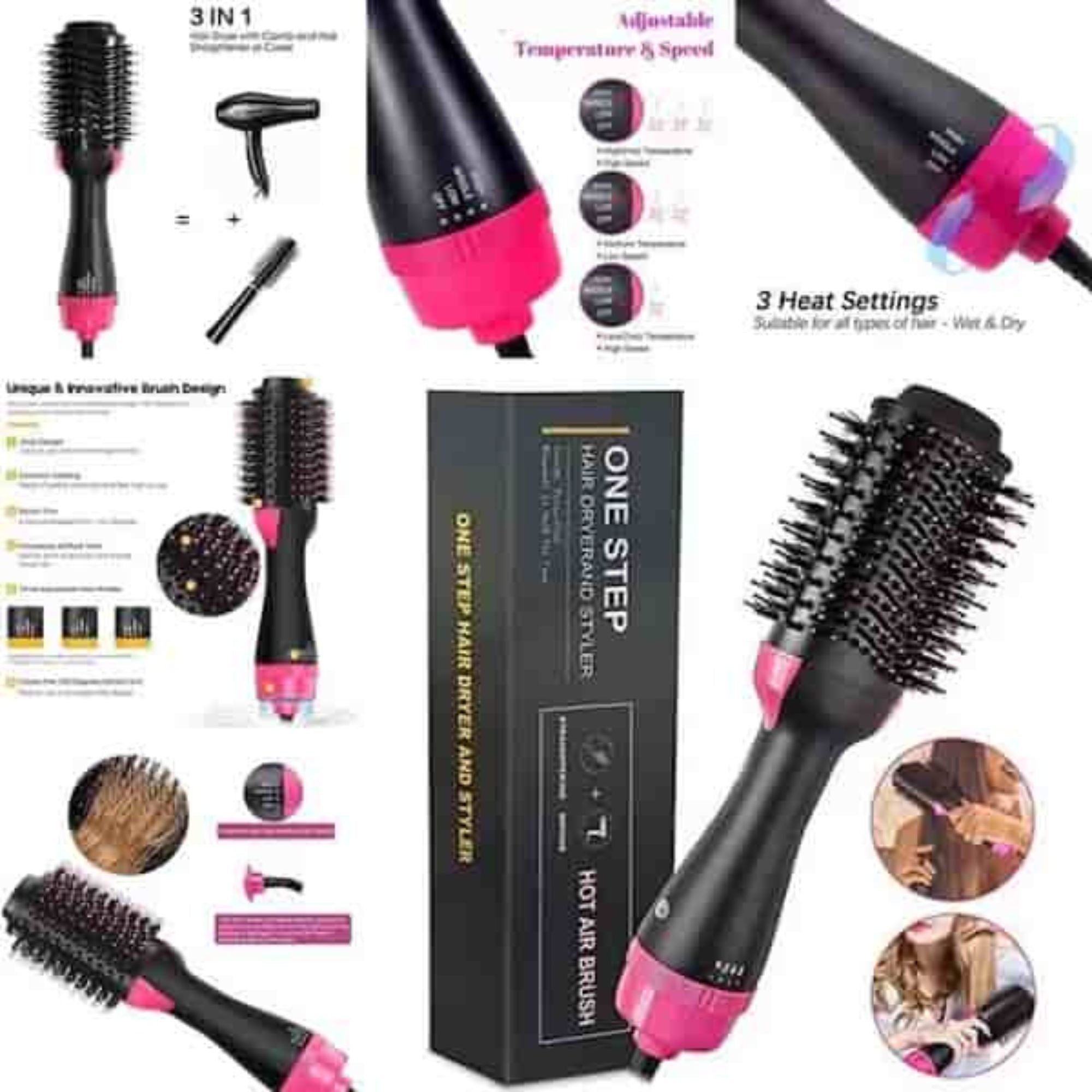 3-in-1 hot air brush that dries, straightens, and adds volume in one easy styling step.