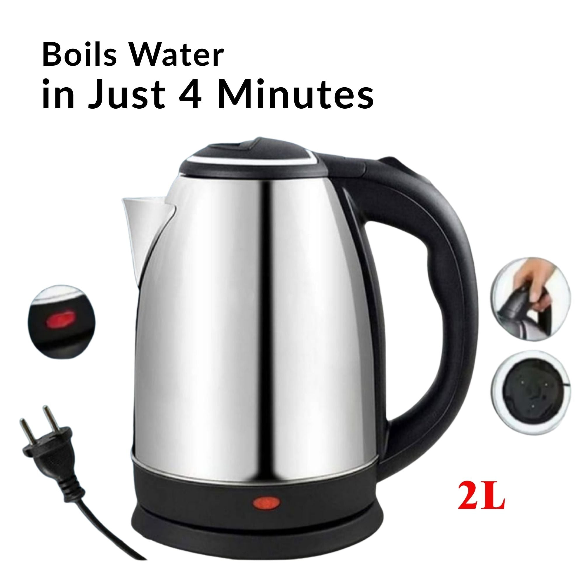 Electric kettle with stainless steel body, LED, temperature control, and auto shut-off.