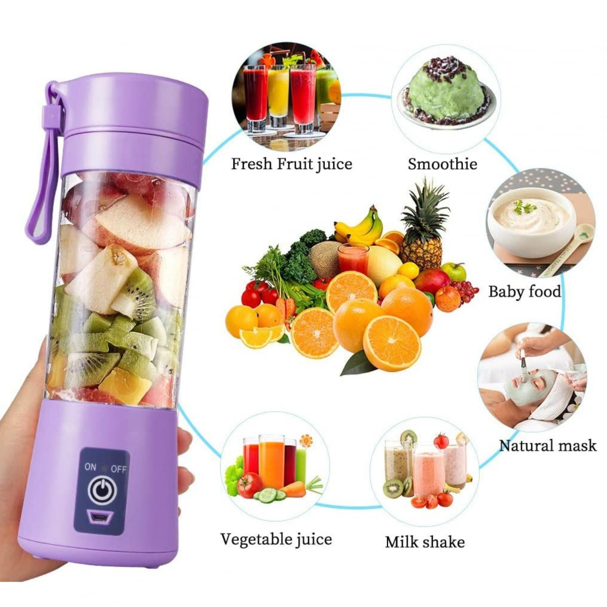 USB Rechargeable Mini Juicer Blender with 6 Blades – 380ml Portable Fruit Mixer