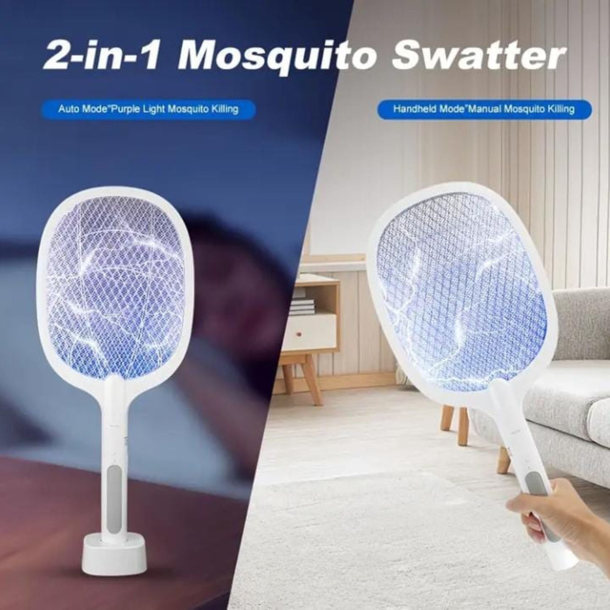 Electric Rechargeable Mosquito Killer Racket 2-in-1 – LED Bug Zapper with Stand.