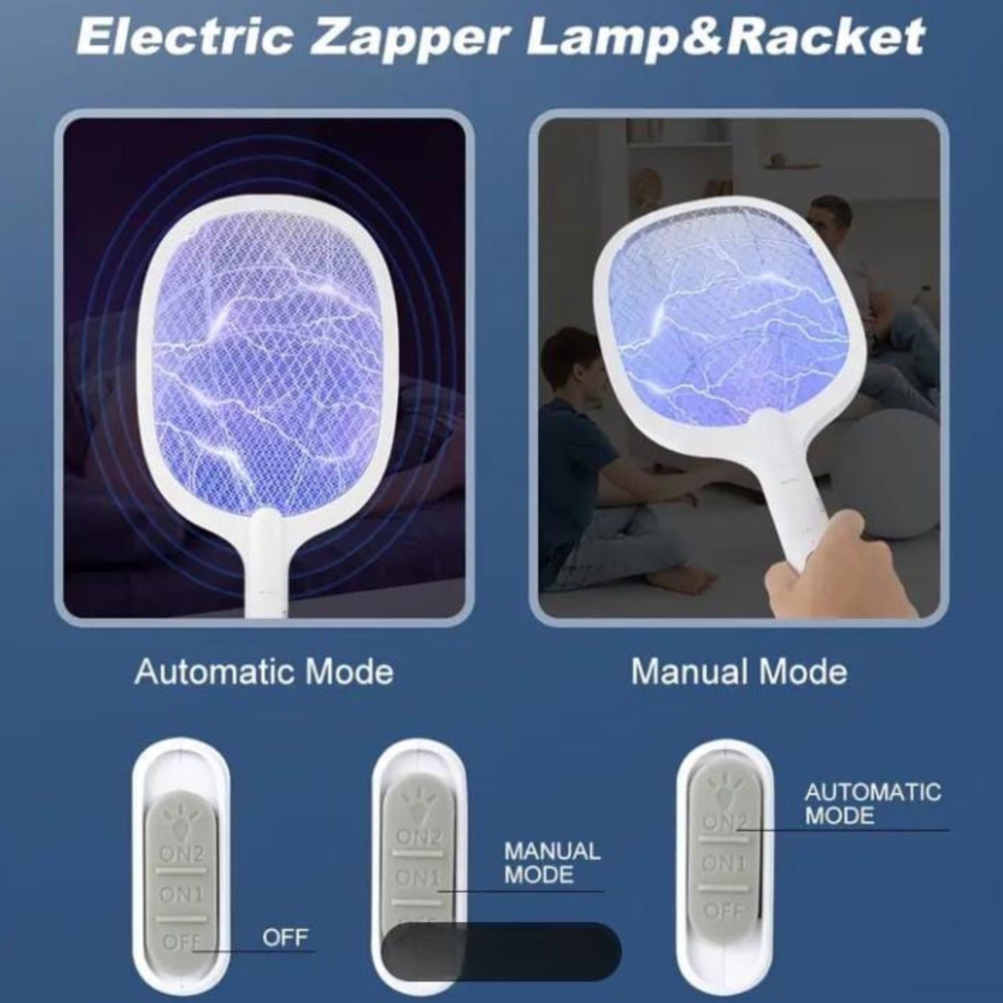 Electric Rechargeable Mosquito Killer Racket 2-in-1 – LED Bug Zapper with Stand.