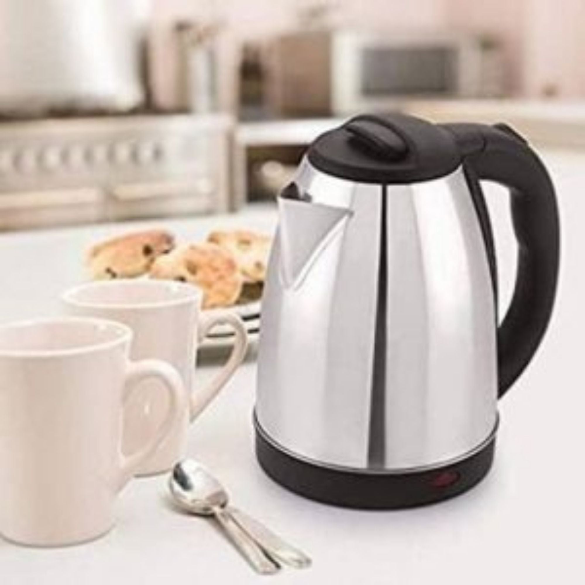 Electric kettle with stainless steel body, LED, temperature control, and auto shut-off.