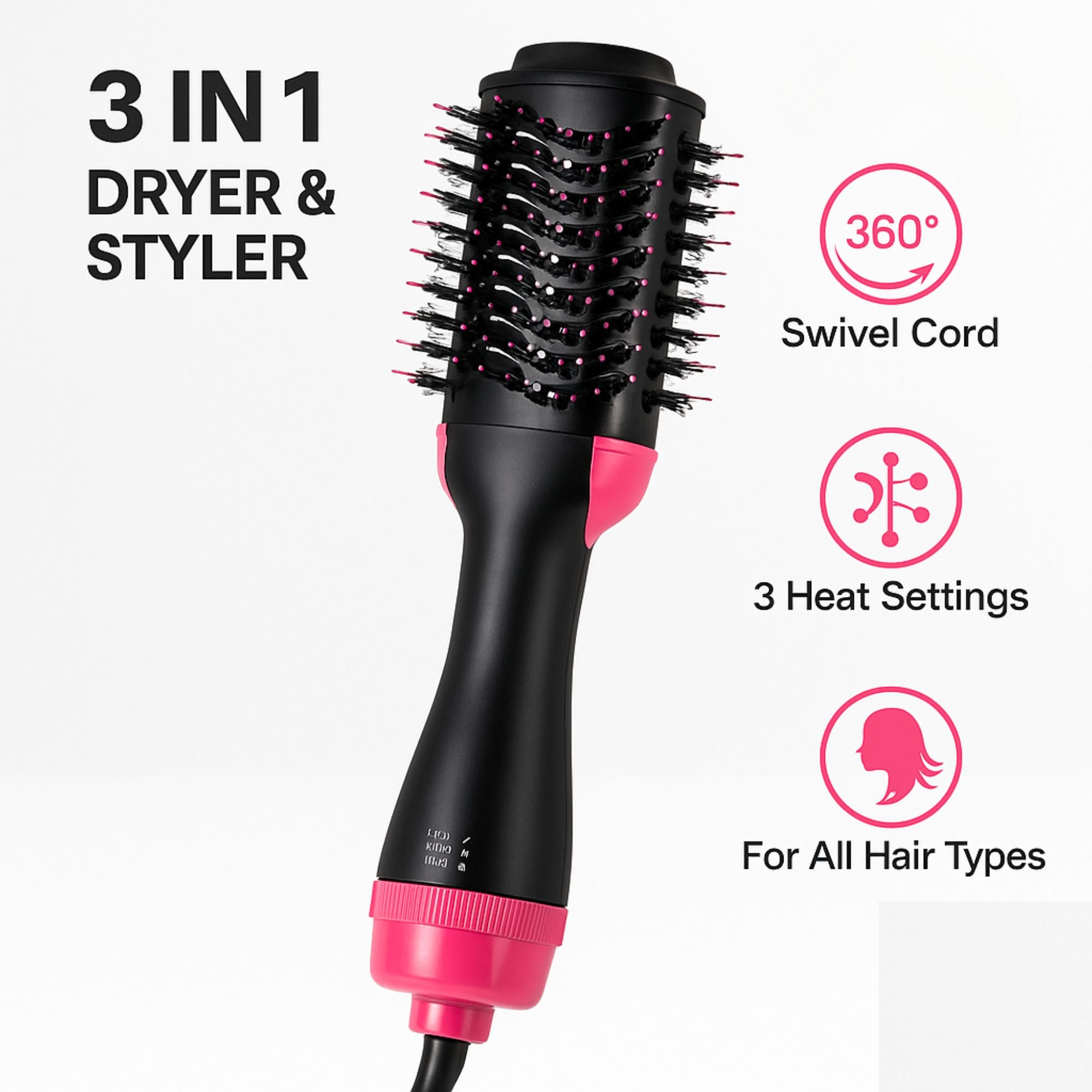 3-in-1 hot air brush that dries, straightens, and adds volume in one easy styling step.