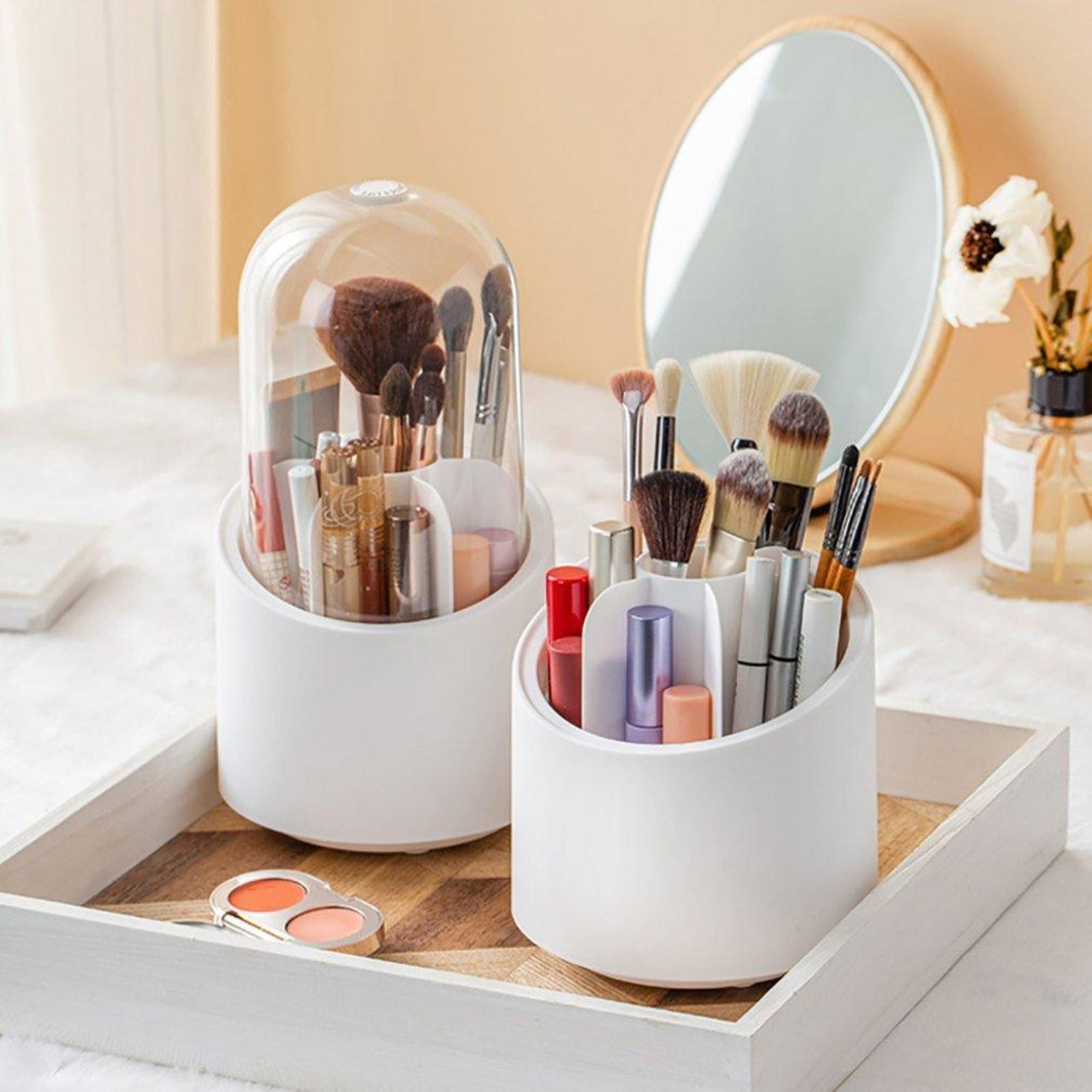 360° Rotating Clear Makeup Brush Organizer with Dustproof Storage Box