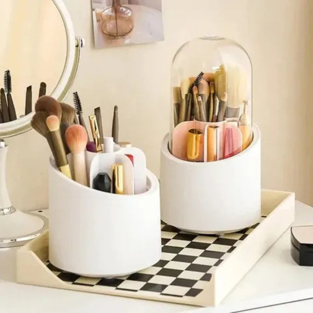 360° Rotating Clear Makeup Brush Organizer with Dustproof Storage Box