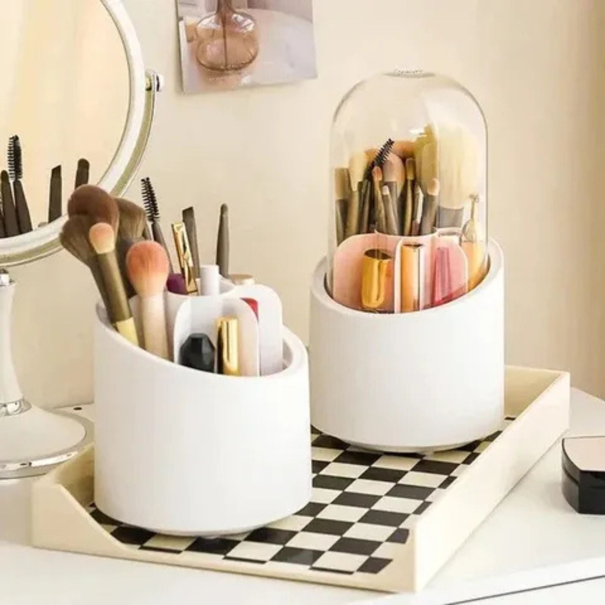 360° Rotating Clear Makeup Brush Organizer with Dustproof Storage Box