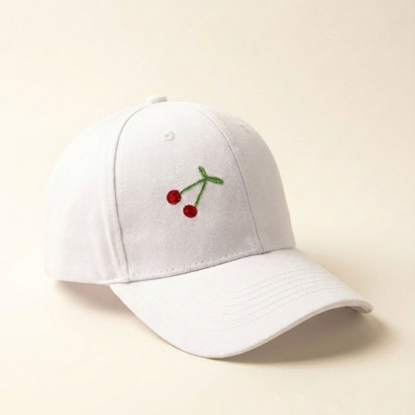 White Embroidered Cherry Cap for Girls Soft Cotton Adjustable