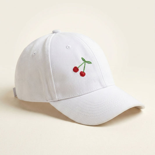 White Embroidered Cherry Cap for Girls Soft Cotton Adjustable