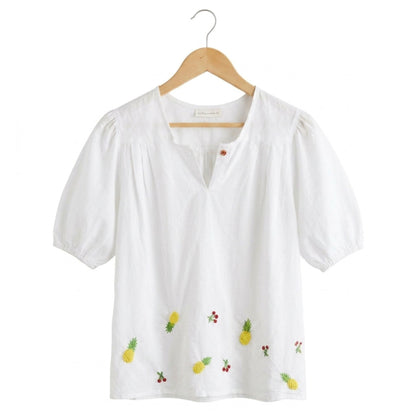 White Cotton Embroidered Top with Pineapple & Cherry Design