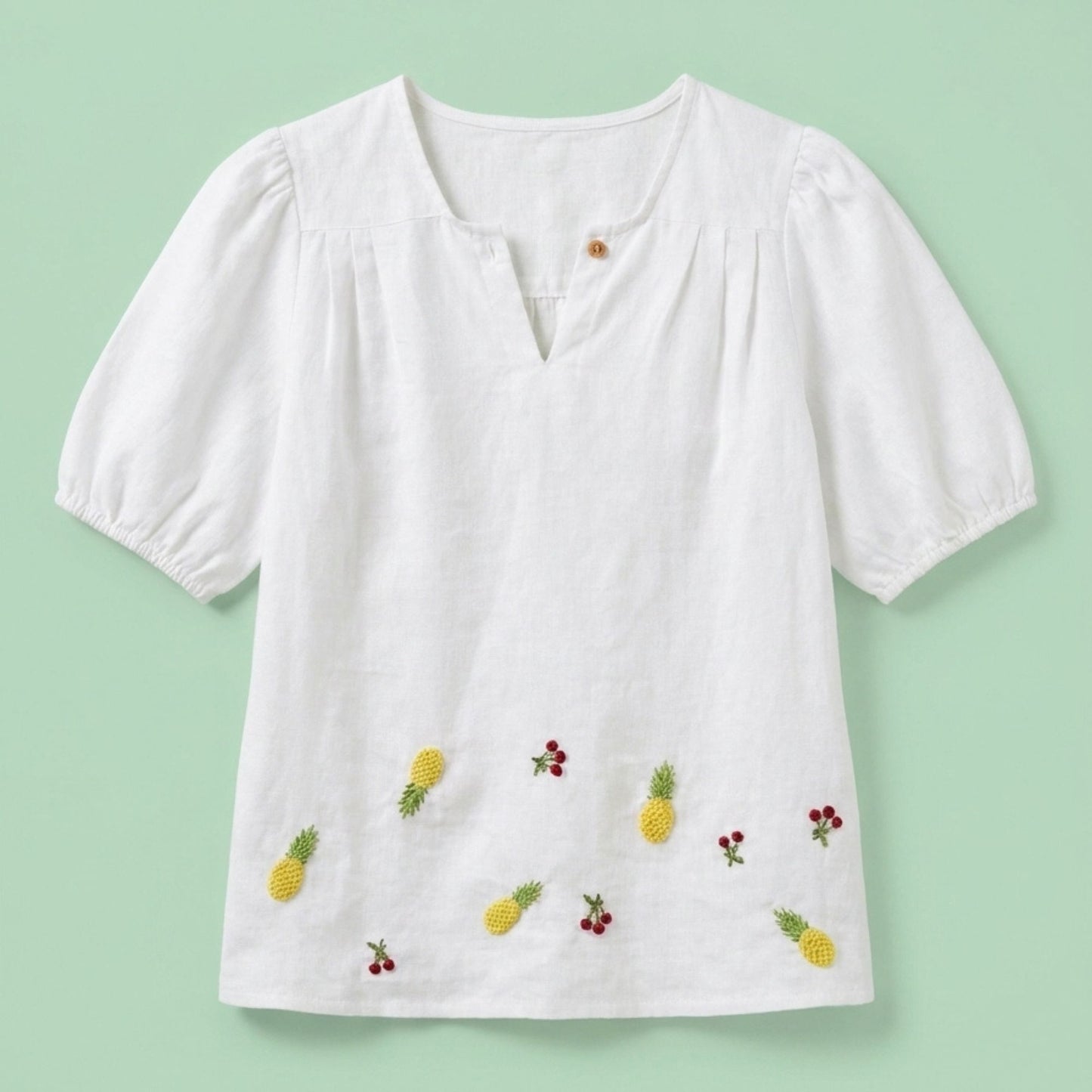 White Cotton Embroidered Top with Pineapple & Cherry Design
