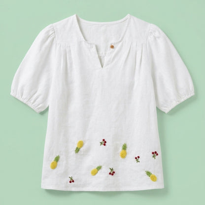 White Cotton Embroidered Top with Pineapple & Cherry Design