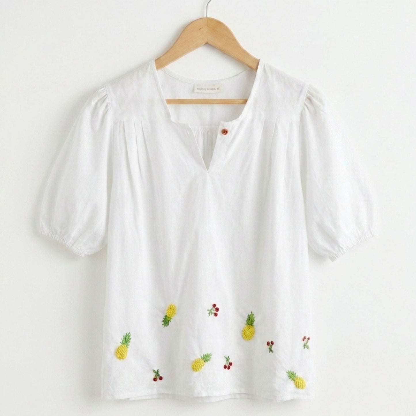 White Cotton Embroidered Top with Pineapple & Cherry Design