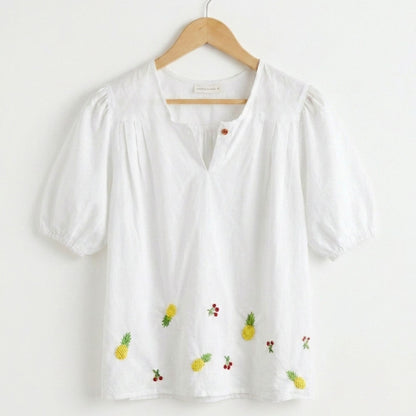 White Cotton Embroidered Top with Pineapple & Cherry Design