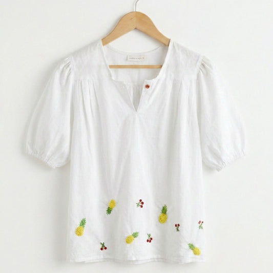 White Cotton Embroidered Top with Pineapple & Cherry Design