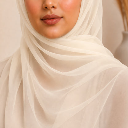 Ivory Cream Chiffon Hijab – Elegant Sheer, Extra Large 72"x28"