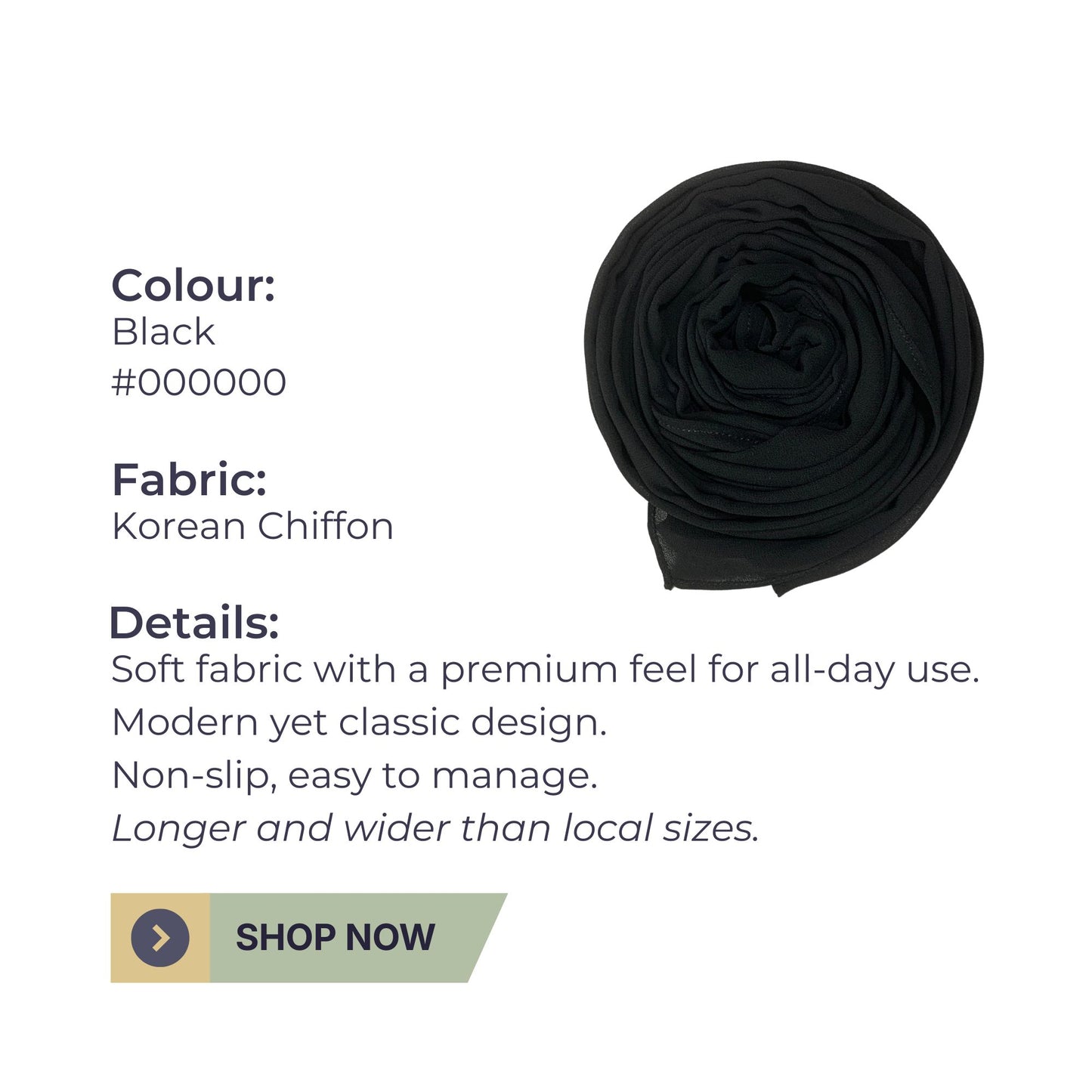 Classic Korean Chiffon Hijab – Black, Soft Feel & Modern Modest Look