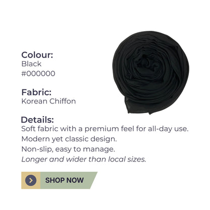Classic Korean Chiffon Hijab – Black, Soft Feel & Modern Modest Look