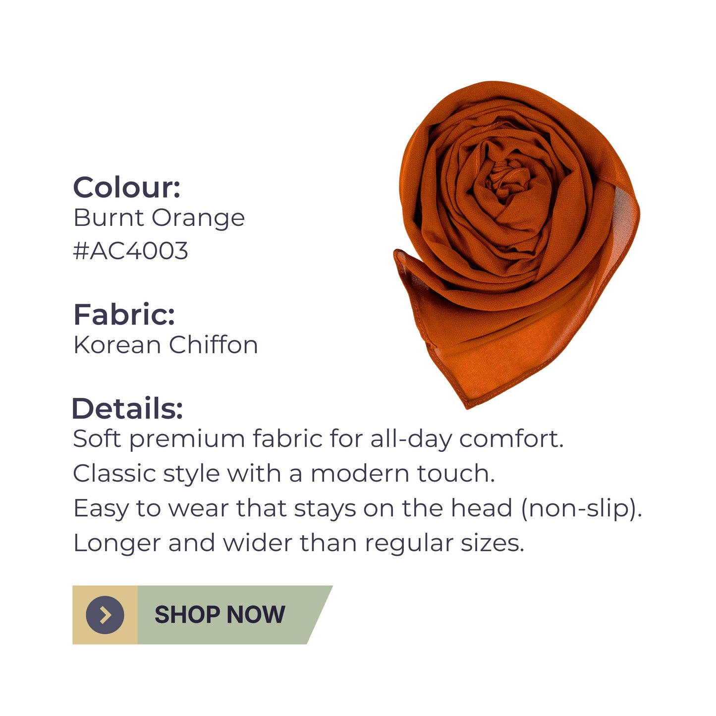 Premium Korean Chiffon Hijab – Burnt Orange (Soft, Lightweight & Breathable)