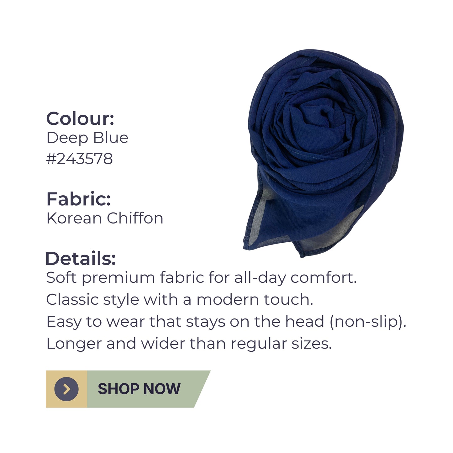 Korean Chiffon Hijab – Deep Blue | Soft, Lightweight & Premium Quality