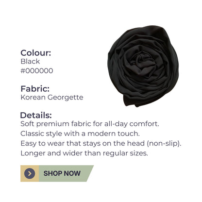 Korean Georgette Hijab – Black, Lightweight & Non-Slip | Premium Quality