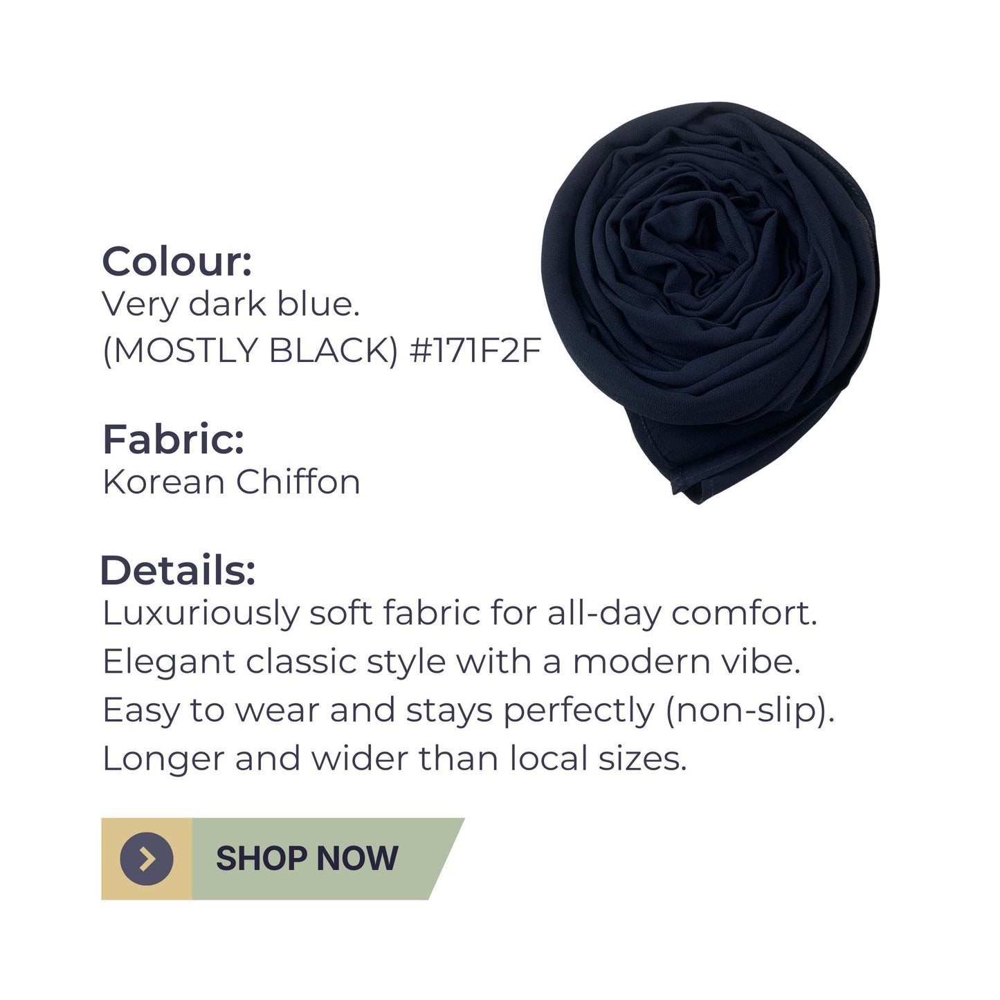 Premium Korean Chiffon Hijab – Very Dark Blue Almost Black Soft Elegant Lightweight