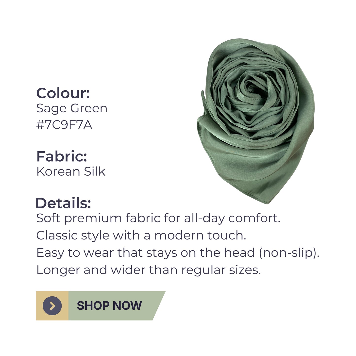 Korean Silk Hijab – Sage Green | Soft, Lightweight, Non-Slip & Premium Quality