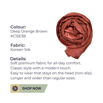 Korean Silk Hijab – Deep Orange Brown | Soft, Lightweight, & Premium Quality