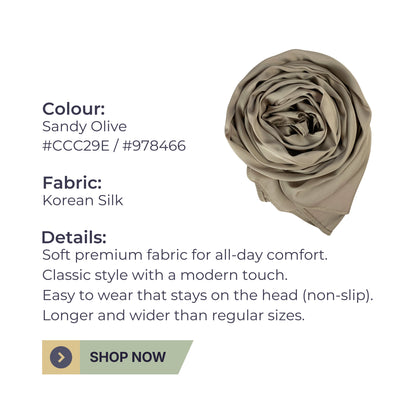 Korean Silk Hijab – Sandy Olive | Soft, Lightweight, Non-Slip & Premium Quality