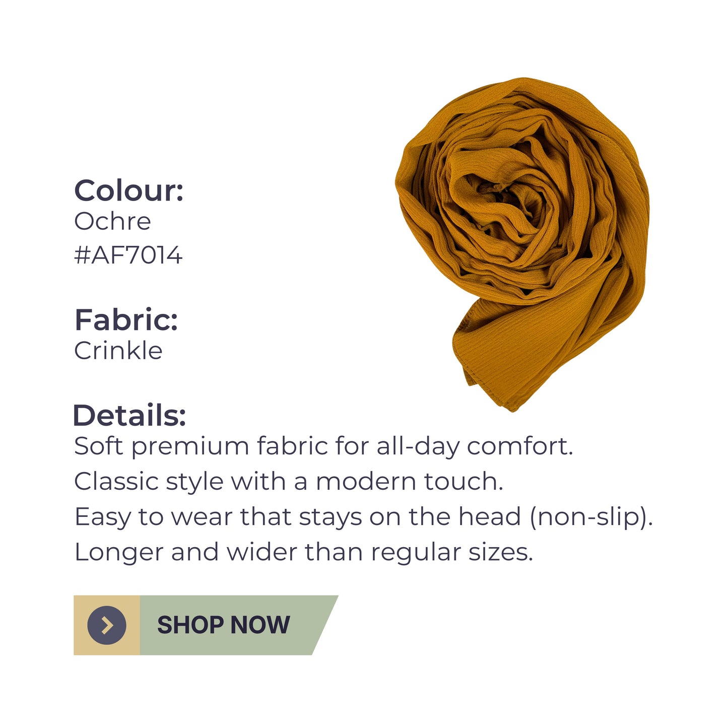 Crinkle Hijab – Ochre | Soft, Lightweight, Non-Slip & Premium Quality