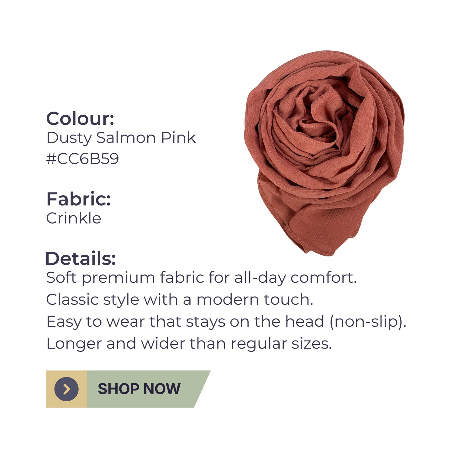 Crinkle Hijab – Dusty Salmon Pink | Soft, Lightweight, Non-Slip & Premium Quality